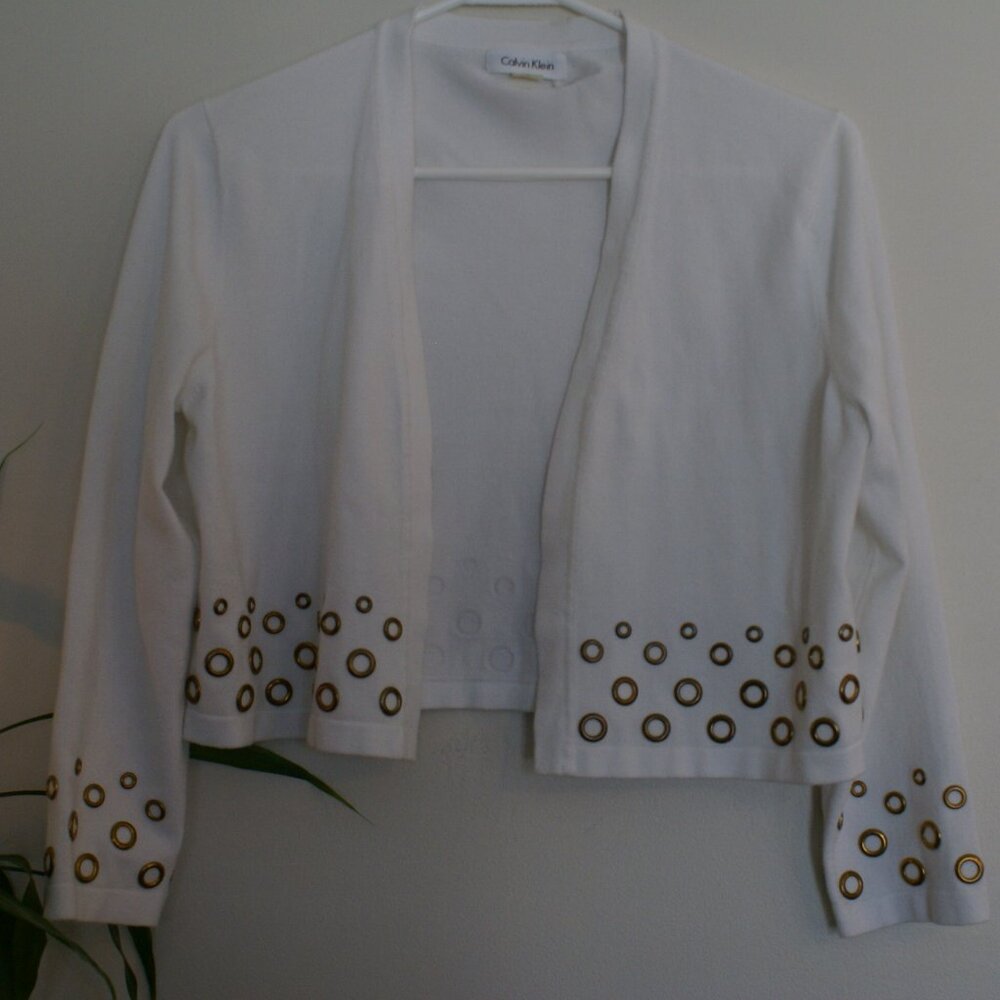 Calvin Klein Short Sweater Jacket Cover White Gold Tone Rivets Ladies Large